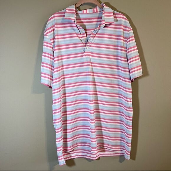 ✨ Johnnie-O Pink Blue Striped Short Sleeve Polo Men’s Large Golf - Picture 1 of 11